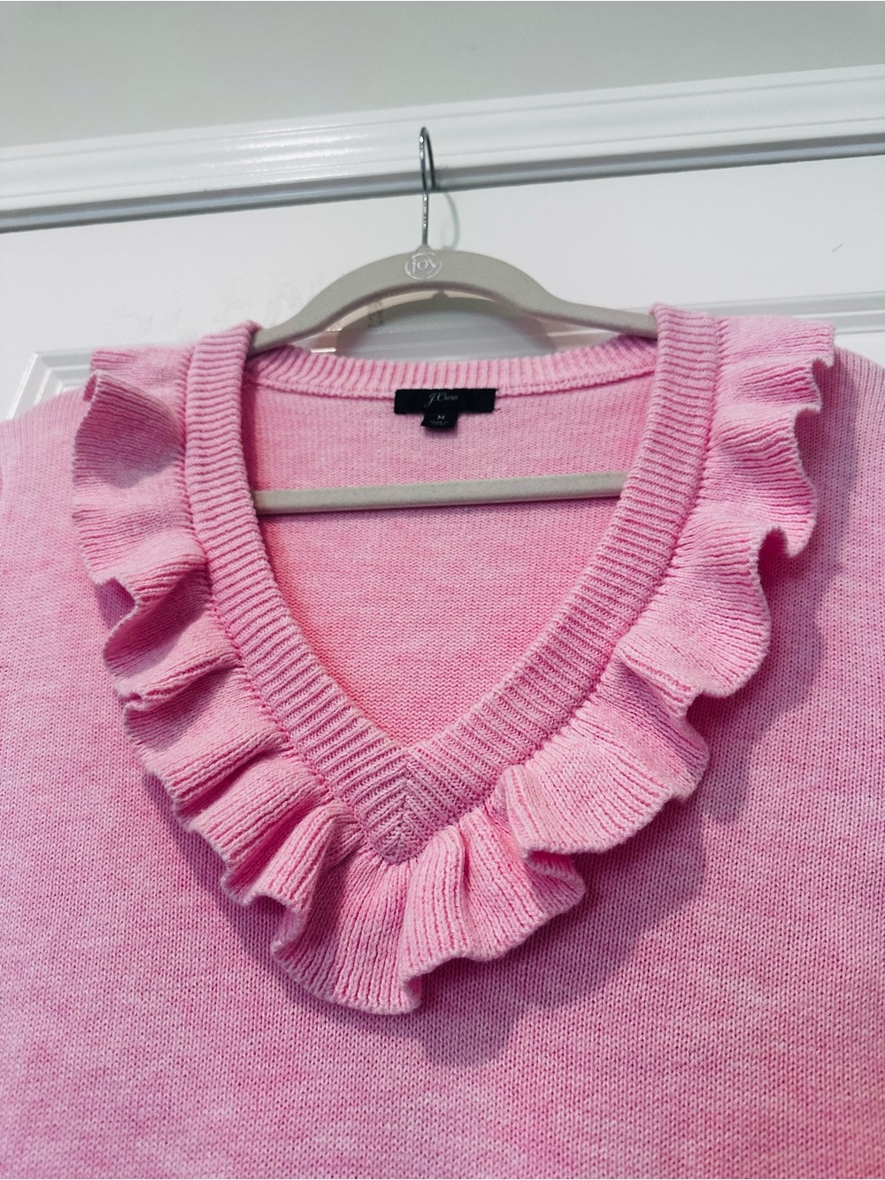J. Crew Pink Ruffle V-Neck Sweater - Picture 7 of 8